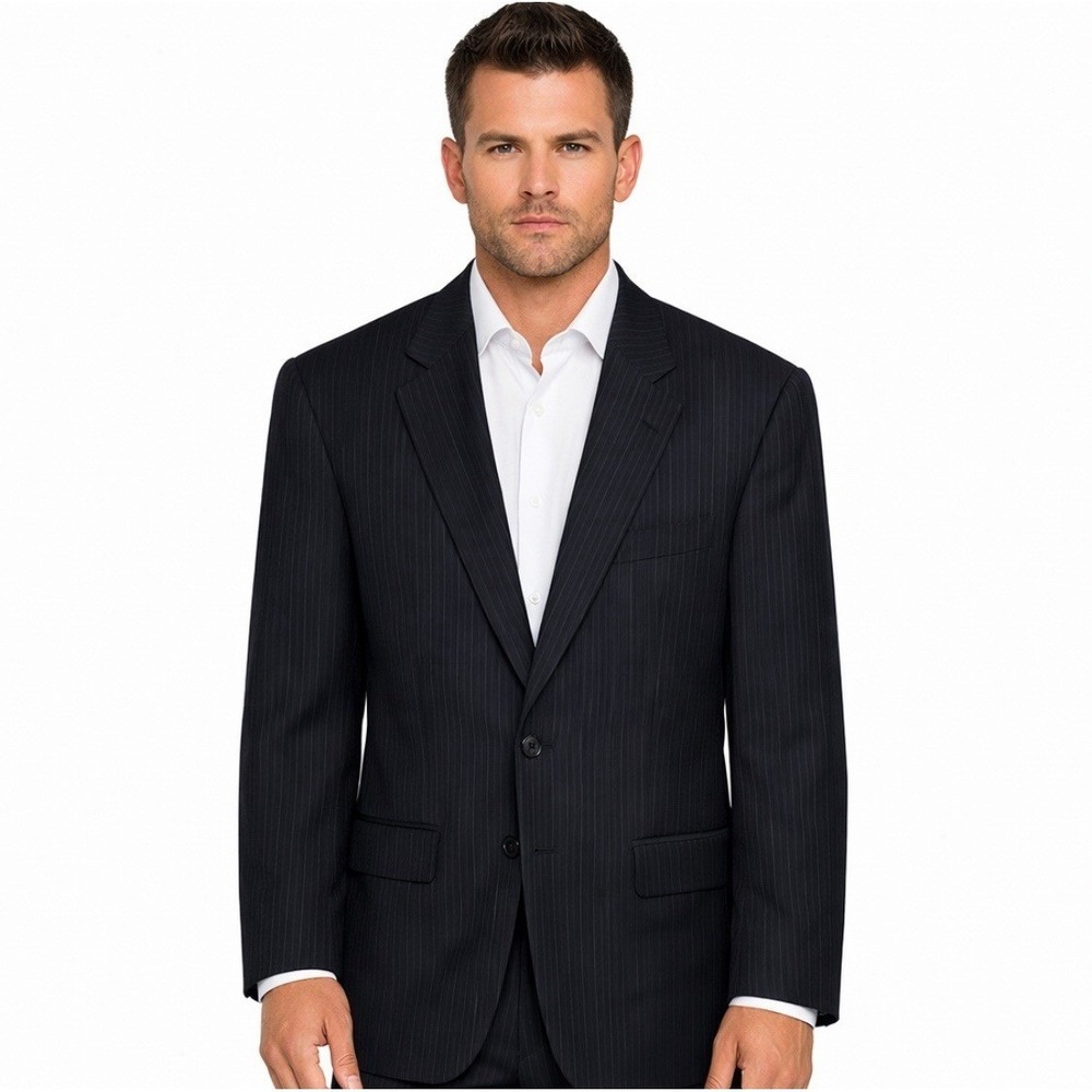 Loriano Mens Pinstripe Blazer Sport Jacket 40L Wool Navy Career Formal Event